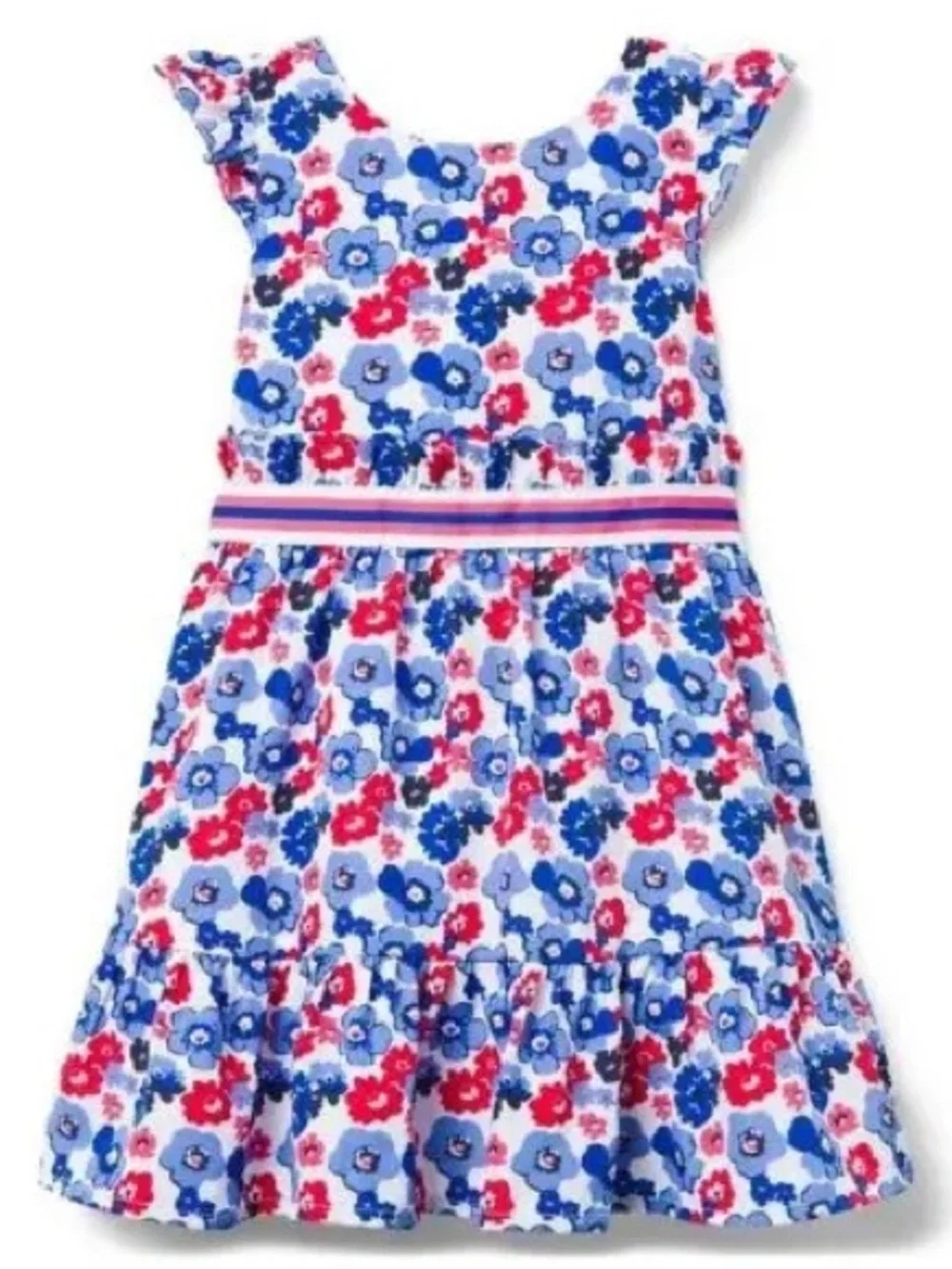Janie and Jack White Dress with Blue & Red Floral Print and Striped Waistband